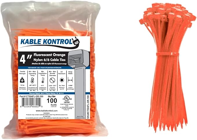 Kable Kontrol Fluorescent Orange Zip Ties 4 Inch 100 Pcs, 18 Lbs Tensile by KABLEKONTROL%C2%AE