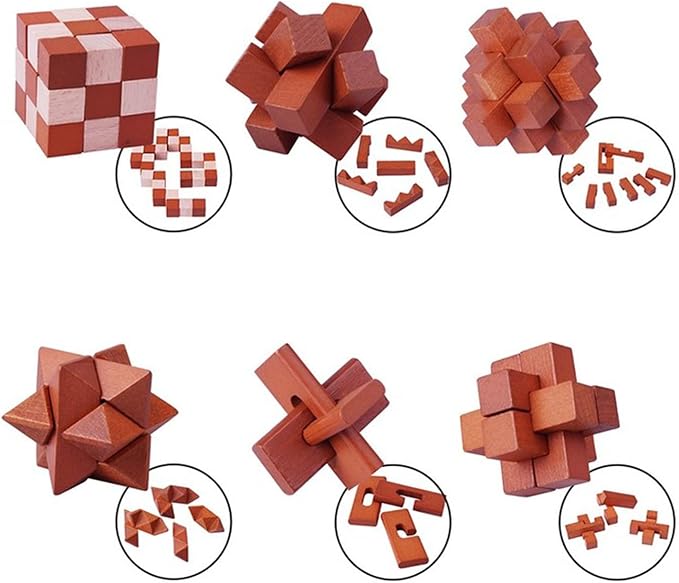 VolksRose 6pcs Wooden Brain Teaser Puzzles, IQ Challenge Puzzle Games, Logic - Image 3
