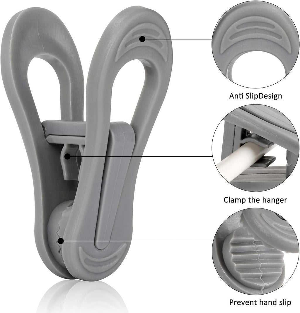 Tinfol 24pc Grey Plastic Hanger Clips, Strong Pinch Grip Finger Clips for Plastic Clothes Hangers, Multi-Purpose Kid Hanger Clip for Skirt Pant Hangers