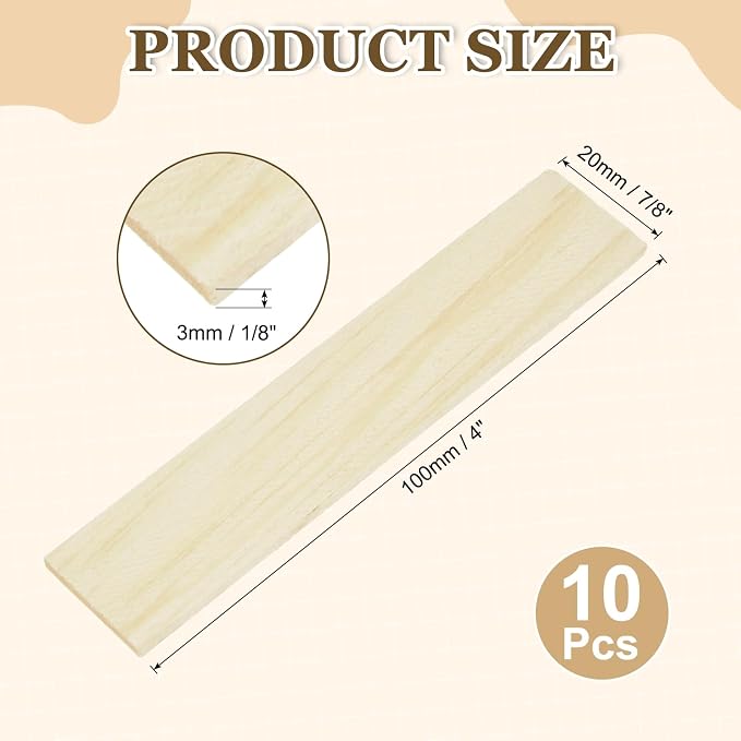 MECCANIXITY 10Pcs Wood Strips Slats, 1/8" x 7/8" x 4" Thin Wood Sticks Flat - Image 2
