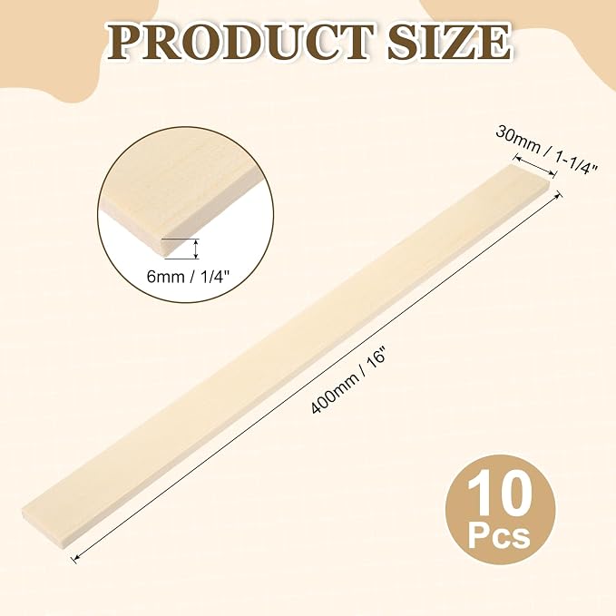 MECCANIXITY 10Pcs Wood Strips Slats, 1/4" x 1‑1/4" x 16" Thin Wood Sticks Flat - Image 2