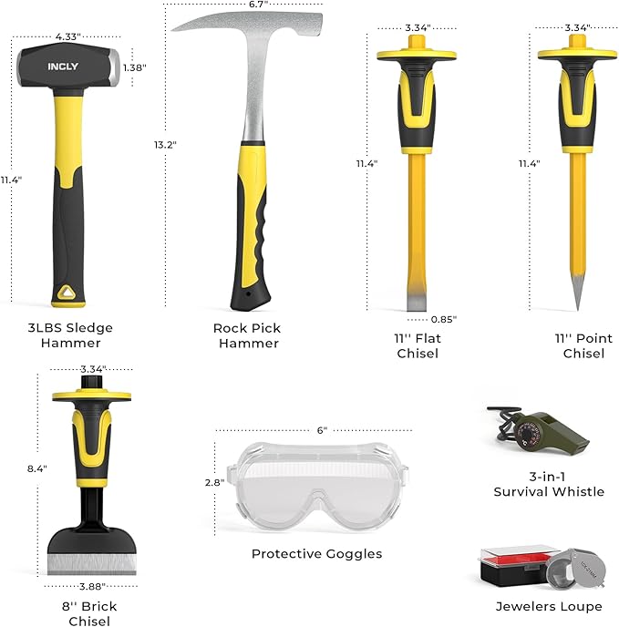INCLY 8PCS Geology Rock Pick Equipment Kit, 3lb Sledge & 32oz Rock Hammer - Image 2