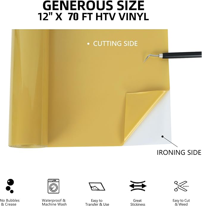 FUNKAKA Golden HTV Heat Transfer Vinyl Rolls, Adhesive HTV Vinyl - Image 2