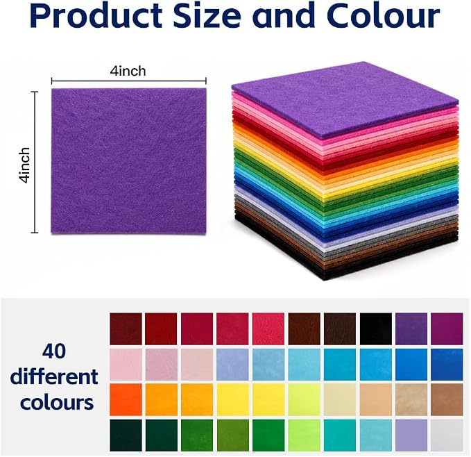 40 Pack Thin Felt Fabric Sheets 4" x 4" Assorted Colors Squares Felt Fabric - Image 3