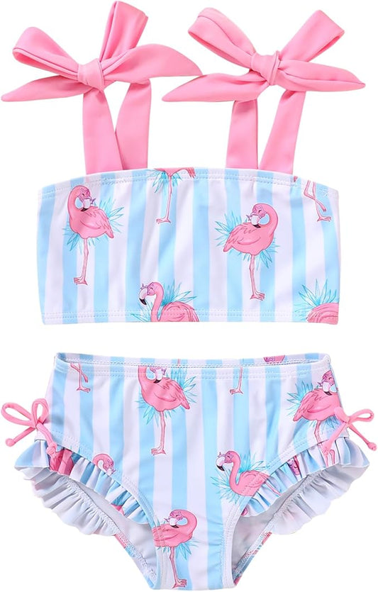 Toddler Swimsuit Girl Color Block Stripe Swimwear Baby Girl Summer Beach Bathing Suits Bikini Set with Ruffled Edges