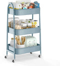 3 Tier Utility Rolling Cart, EAGMAK Metal Storage Cart with Handle and Lockable Wheels, Multifunctional Storage Organizer Trolley with Mesh Baskets for Kitchen, Living Room, Office, Garage (Blue)