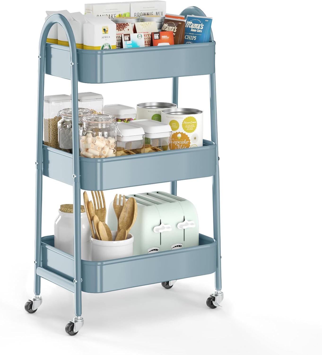 3 Tier Utility Rolling Cart, EAGMAK Metal Storage Cart with Handle and Lockable Wheels, Multifunctional Storage Organizer Trolley with Mesh Baskets for Kitchen, Living Room, Office, Garage (Blue)