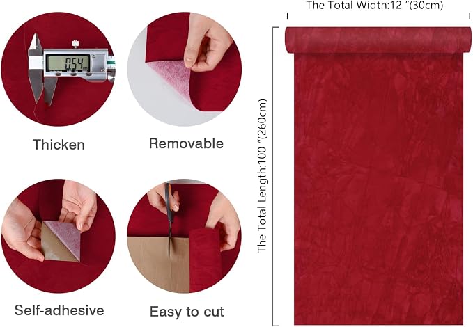CHIHUT 12''x100'' Red Self Adhesive Velvet Flocking Liner - Image 7