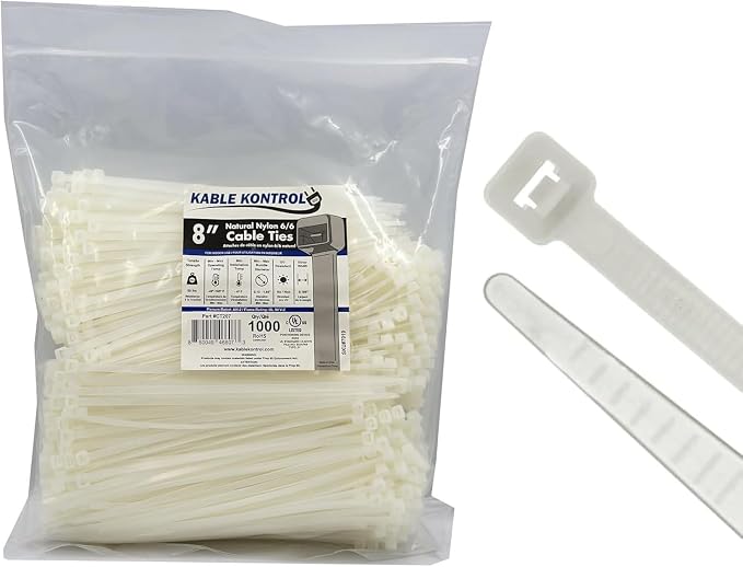 Kable Kontrol Cable Zip Ties Natural White 1000 Pcs 8 Inch, 50 Lbs Tensile by KABLEKONTROL%C2%AE