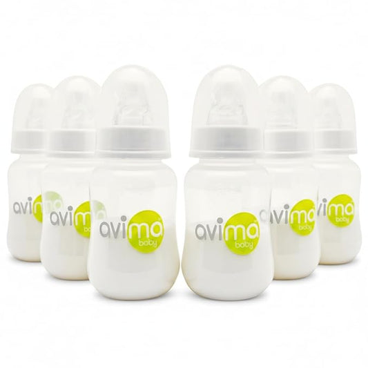 Avima Anti-Colic Baby Bottles – 4 oz, Slow Flow Nipples – BPA-Free, Standard Neck – Stage 1 for 0–3 Months – Set of 6