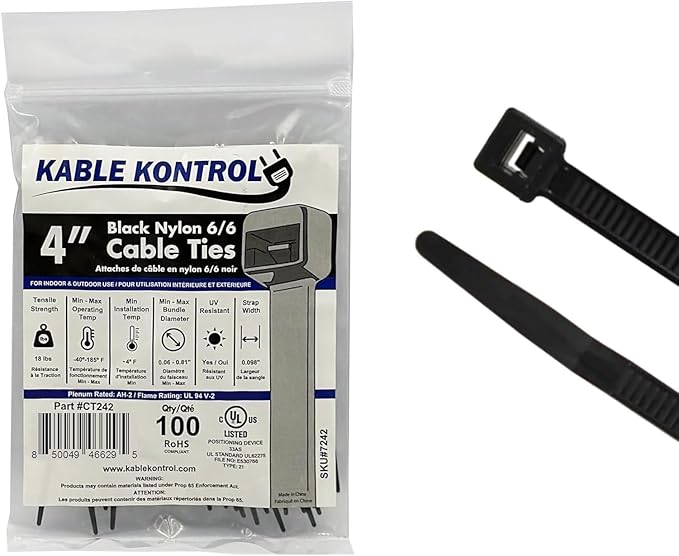 Kable Kontrol Cable Zip Ties 100 Pcs 4 Inch Black, 18 Lbs Tensile Strength by KABLEKONTROL%C2%AE