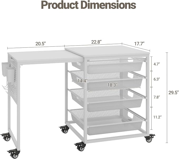 Craft Table with Wheels & Drawer, Extendable Cart with Pegboard, Arts and - Image 2