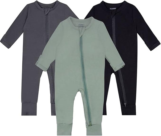 GUISBY Baby Pajamas with Mitten Cuffs - 3Pcs Girls Boys 2 Way Zipper Long Sleeve Rayon Sleepers