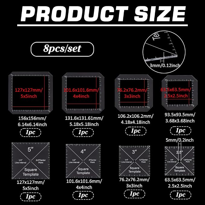 BENECREAT 8pcs Square Quilting Template, 2.5/3/ 4/ 5inch Acrylic DIY Quilt - Image 2