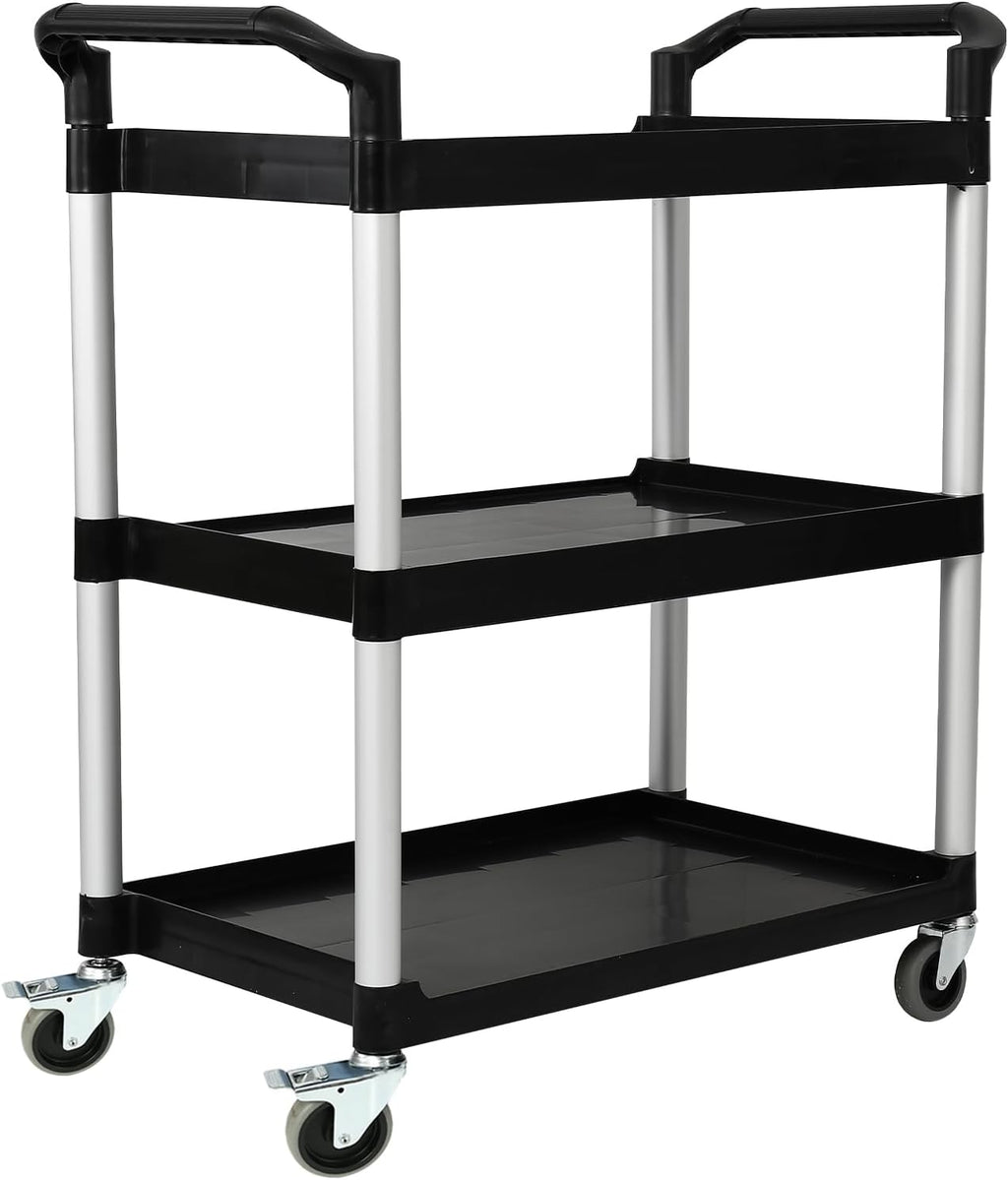 3-Tier Utility Rolling Cart with Wheels, Durable Catering carts with Wheels, Rolling Storage Cart for Hotel Canteen Resturant Office (Black, 34.4" D x 16.5" W x 37.7" H)
