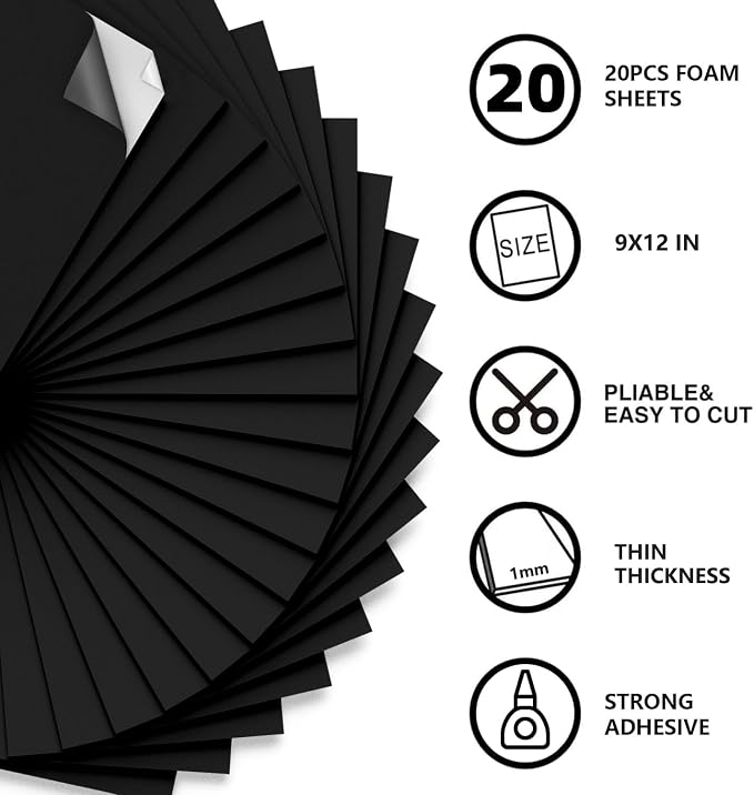 MEARCOOH Self Adhesive Foam Sheets Black, 1mm Sticky Eva Foam Paper 9x12 Inch - Image 2