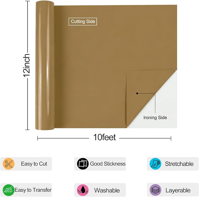 guangyintong Heat Transfer Vinyl Rolls 12" x 10ft, PU Coffee Brown HTV Vinyl - Image 2