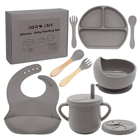 100% Silicone baby feeding set,BPA free Baby dishes set with Suction Bowl Divided Plate,Toddler Self Feeding Dish Set with Spoons Forks Sippy Cup And Bib, Baby Eating Utensils (Light Brown)
