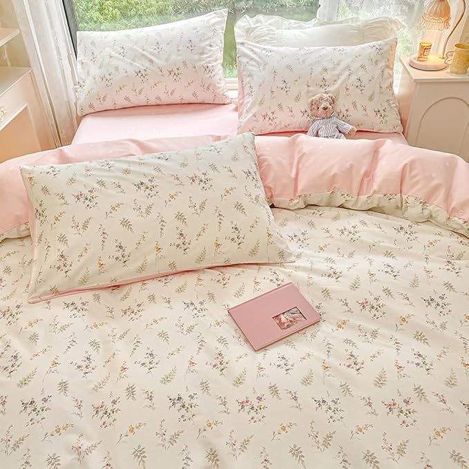 Nayoroom Floral Duvet Cover Queen Size Girls Pink White Botanical Flower - Image 4