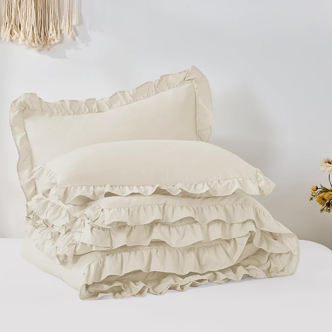 FUANNA Queen Comforter Set Cream White, 3 Pieces Ruffle Queen Bed Set, Fluffy - Image 9