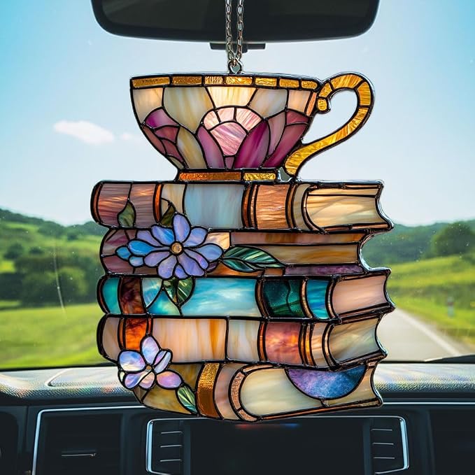Floral Books and Tea Acrylic Suncatcher Stained Glass Effect Window Car Hanging - Image 5