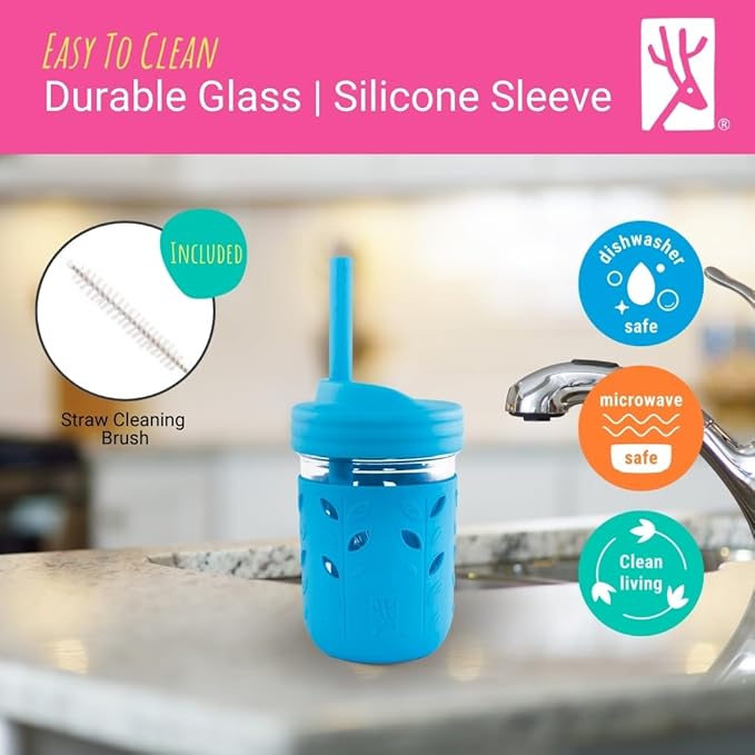Elk and Friends Kids + Toddler Glass Cups | The Original 8oz Glass Mason Jar with Sleeves + Lids | Silicone Straws + Stopper | Smoothie Cup | Food Storage | Spill Resistant | Dishwasher Safe | 4 Pack
