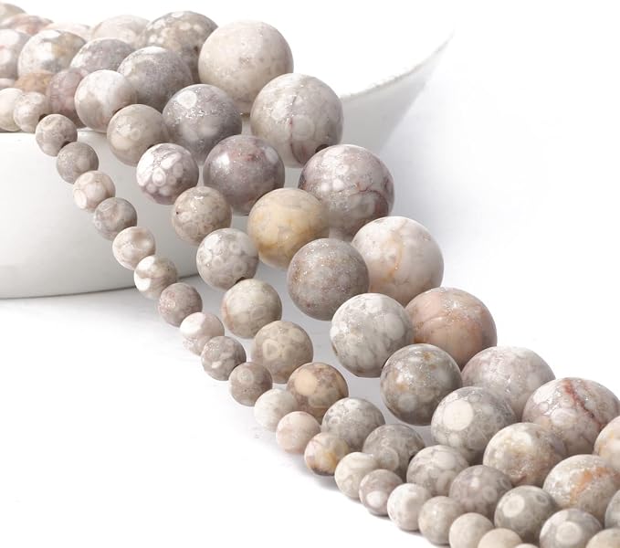 4mm Matte Flowery Cowry Fossil Bead, 15-Inch Matte Round Loose Stone Beads - Image 6