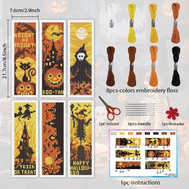 INFUNLY Halloween Cross Stitch Bookmarks Kit Evil Pumpkin Handmade Cross Stitch - Image 2