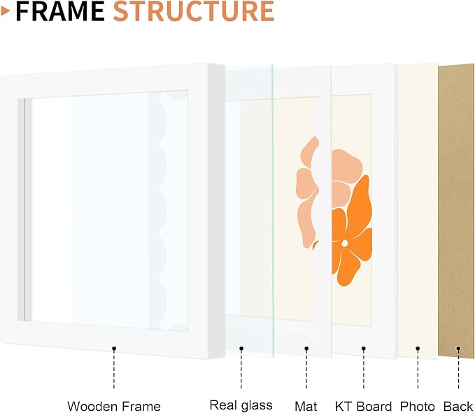 6x6 Picture Frame with Wavy Mat, Wooden Real Glass 6 x 6 Photo Frame - Image 5