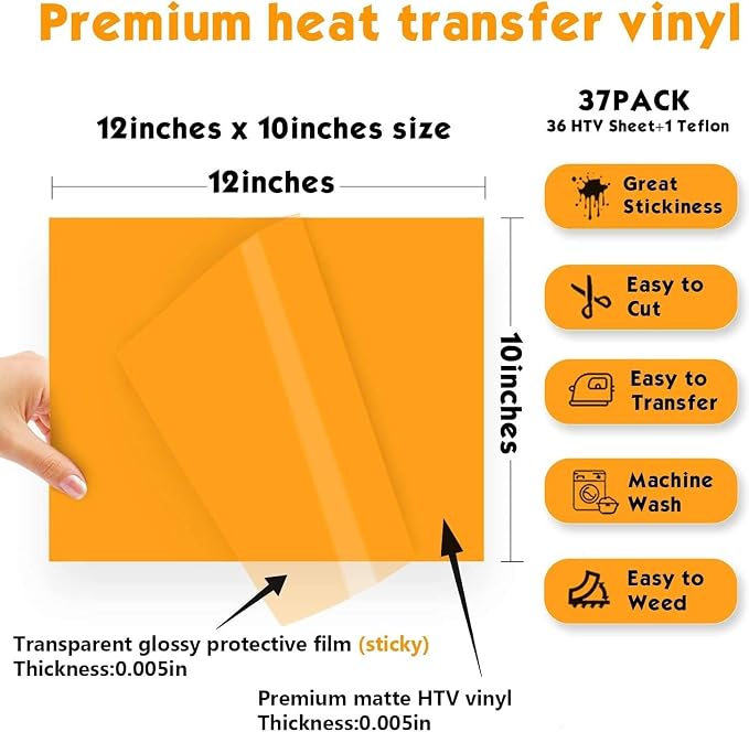 HTV Heat Transfer Vinyl Bundle 37Pack 12" x 10" Vinyl Sheets, Iron On Vinyl - Image 6