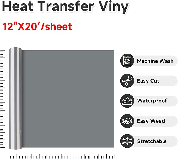 RENLITONG Light Gray Iron on Vinyl 12Inch by 20ft Roll Heat Transfer Vinyl - Image 2