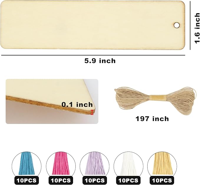 SWATOM Wood Bookmarks Blank DIY Wooden Bookmark Craft Bulk 50 PCS Unfinished - Image 3