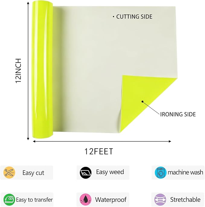 HTV Neon Yellow Iron on Vinyl 12Inch by 12ft Roll HTV Heat Transfer Vinyl - Image 2
