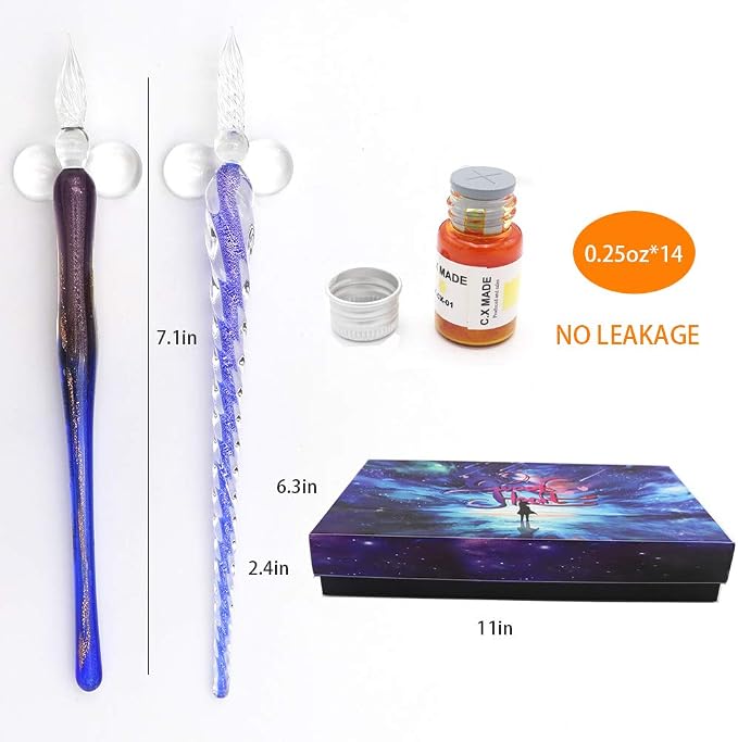 AXEARTE Glass Dip Calligraphy Pen Set, 18-Pieces 14 Color Inks, Pen Holder - Image 4