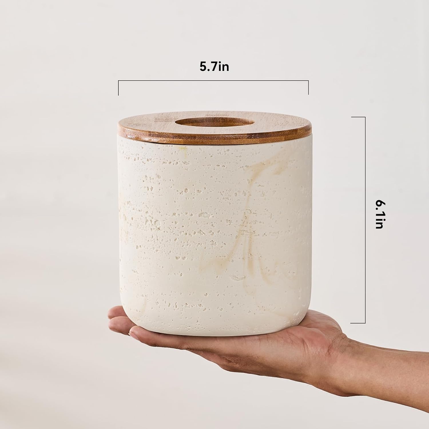 Natural Travertine Textures Beige Mini Trash Can with Bamboo Lid,Small Countertop Trash Can for Bathroom, Kitchen, Vanity, Desk Trash Can,Table Top Mini Garbage Can for Dining Room, Tiny Waste Basket