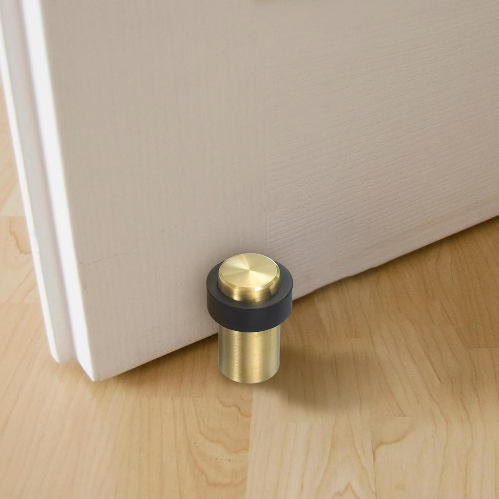 PATIKIL 2Set Round Door Stoppers, 46mm Stainless Steel Door Stop Doorstop Wedge Metal Cylinder Self Adhesive with Screw for Bottom of Door Floor Inside, Gold Tone