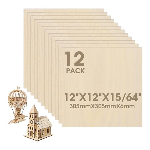 12 Pack Basswood Sheets 12"×12"×15/64" Unfinished Plywood Sheet | Smooth Thin by Unknown