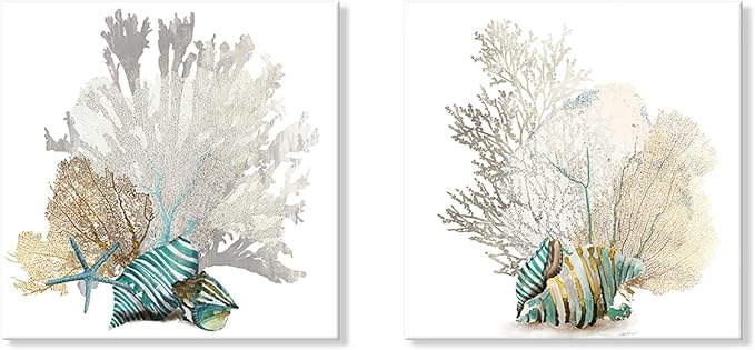 JAPO ART White Coral Wall Art Coastal Wall Decor Beach Bathroom Decor Sea Shell by JAPOART