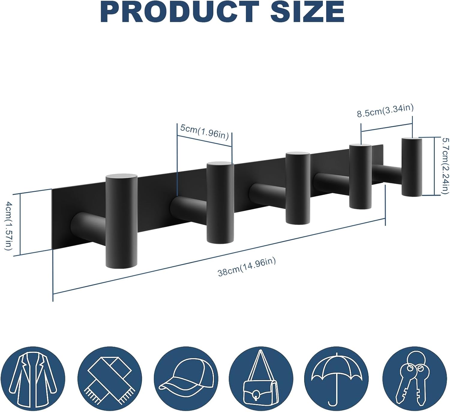 PMMASTO Coat Rack Wall Mounted, 5 "T Shaped Wall Hooks for Hanging, Heavy Duty Stainless Steel Coat Hook Rail for Hat Towel Robes in Bathroom Kitchen Mudroom Entryway (Black, 1 Pack)