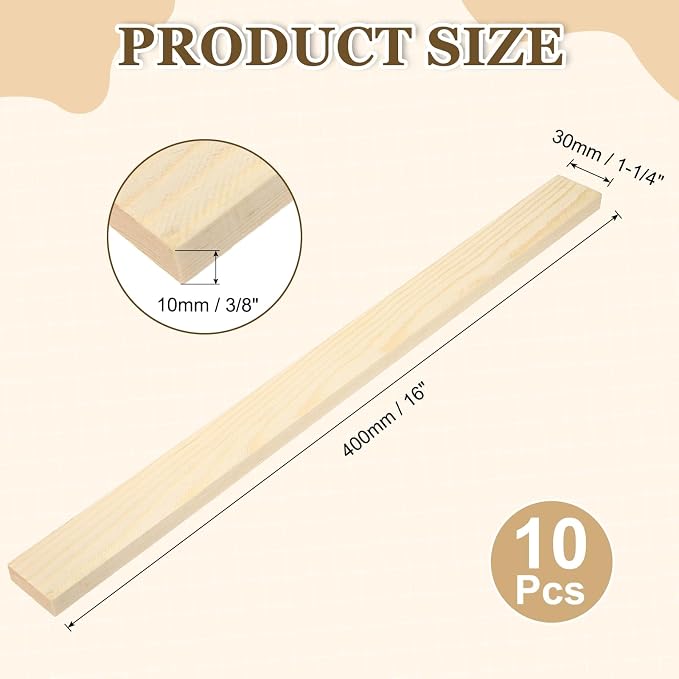 MECCANIXITY 10Pcs Wood Strips Slats, 3/8" x 1‑1/4" x 16" Thin Wood Sticks Flat - Image 2