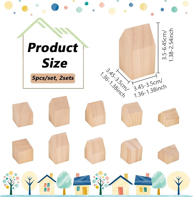 NBEADS 10 Pcs Unfinished Wooden House Shaped Blocks, Large Wood Blocks - Image 2