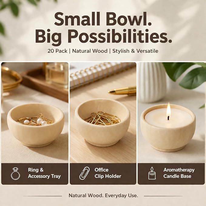ZENFUN 20 Pack Wooden Pinch Bowls, Mini Unfinished Bowl Set - Image 12