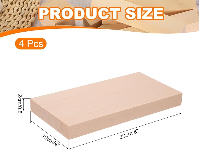 MECCANIXITY 4Pcs Basswood Carving Block, 0.8"x4"x8" Square Wooden Dowels Blocks - Image 2