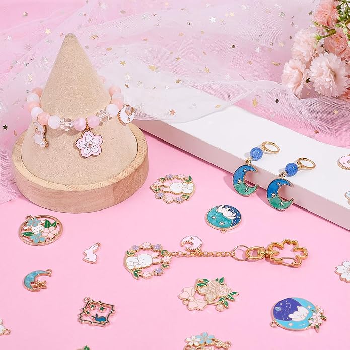 SUNNYCLUE 1 Box 56Pcs 18 Styles Rabbit Charm Flower Charms Bulk Metal Enamel - Image 3