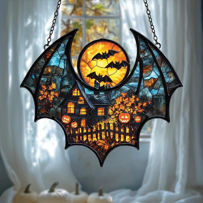 Bat-Winged Haunted House Scene Acrylic Suncatcher by Unknown