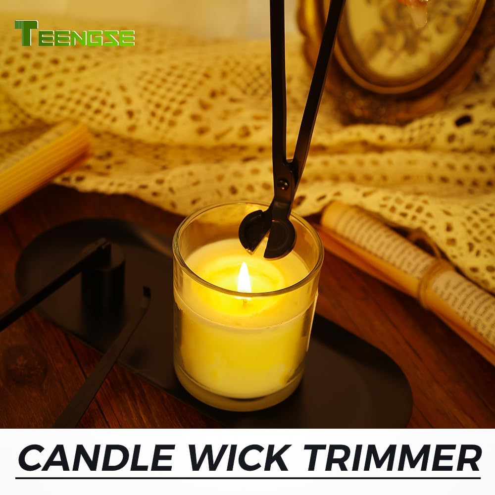4 in 1 Candle Accessory Set with Storage Tray Plate, Candle Wick Trimmer, Candle Wick Snuffer, Candle Wick Dipper (Black)