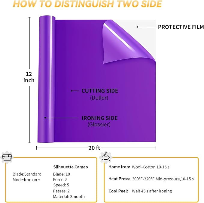 VinylRus Heat Transfer Vinyl-12” x 20ft Purple Iron on Vinyl Roll - Image 5