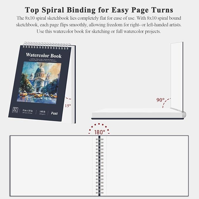 Fuxi 8x10 Watercolor Paper, 140lb Cold Press Watercolor Spiral Notebook - Image 4