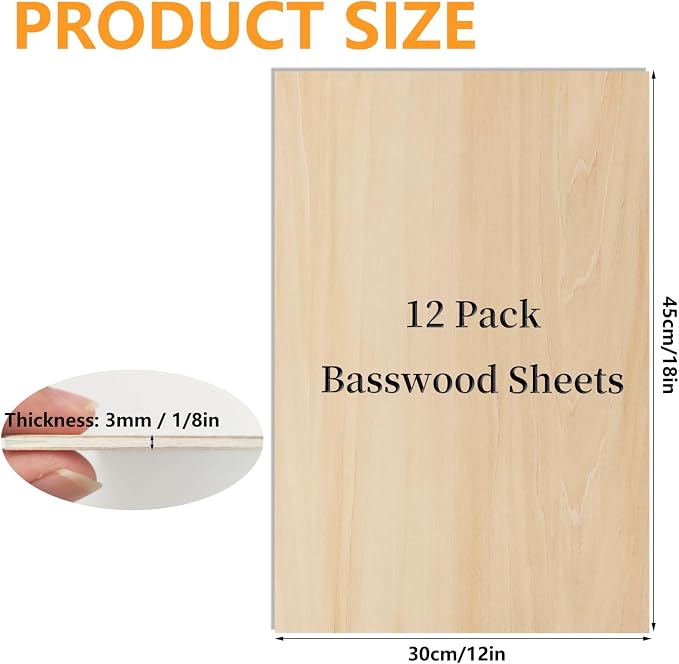 12 Pack Basswood Sheets for Crafts 12 x 18 x 1/8 in, 3mm Thick Unfinished - Image 2