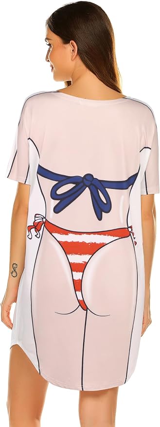 Ekouaer Women's Bikini Shirt Cover Up Short Sleeve Cute Bikini Print Cover-Up - Image 2